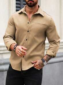 Manfinity Homme Cămașă bărbătească cu mânecă lungă, culoare uni, cu un singur nasture, stil casual/business, toamnă