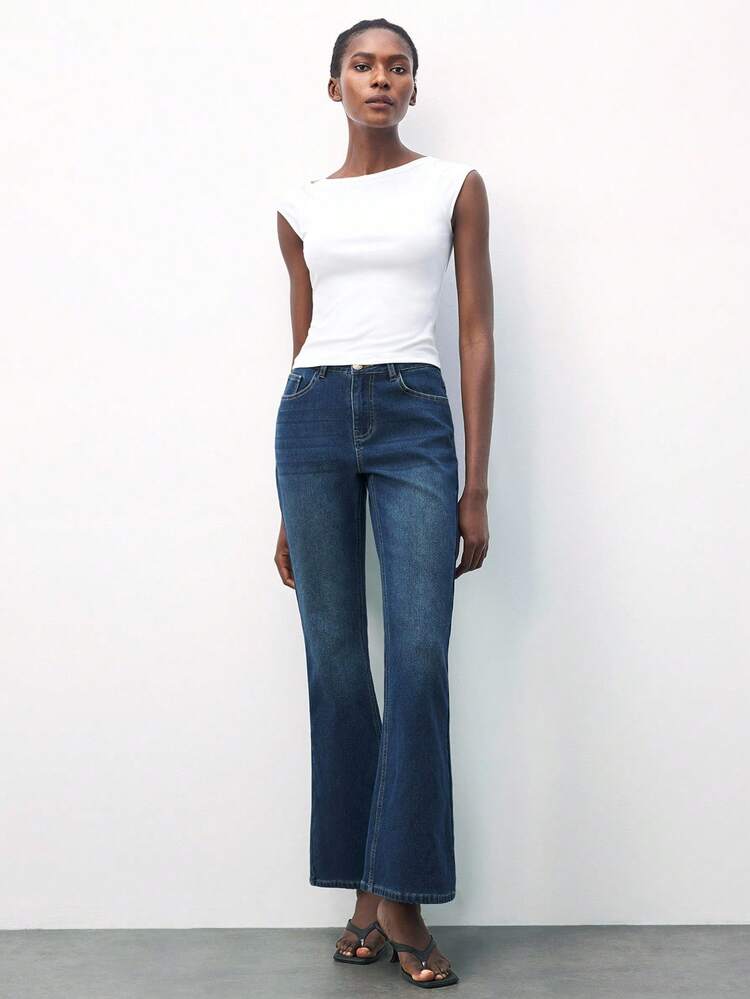 SHEIN Maija Women's Retro Blue Jeans High Elasticity Slim Flared Pants Old Money Style Casual Autumn And Winter Pants