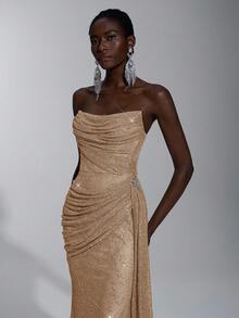 Elitara 优雅的香槟色重彩亮片低胸领口，可拆卸 3D 水钻装饰，侧褶，适合节日、婚礼、派对、毕业典礼、正式活动 - 香檳色 - 查看 7