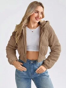 SHEIN LUNE 女式短款休闲街头时尚灯芯绒棉衣，冬季 - 棕色 - 查看 4