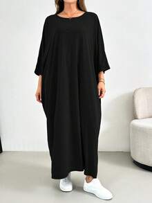 SHEIN Essnce 大码女装春夏时尚休闲宽松舒适日常基本款修身灰色七分袖长裙，简约风格，大码连衣裙，教堂连衣裙女装，外出装 - 黑色 - 查看 1