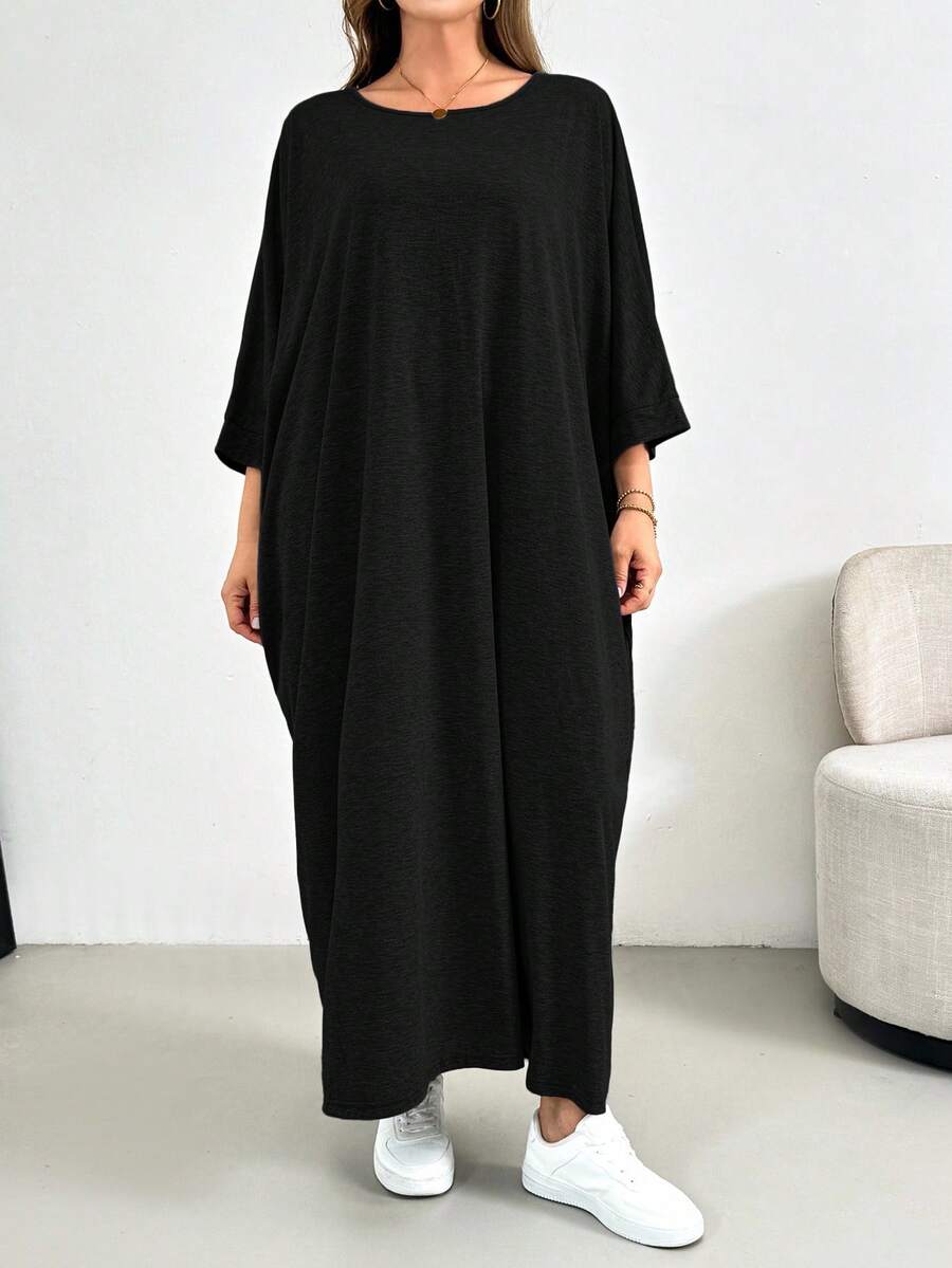 SHEIN Essnce 大码女装春夏时尚休闲宽松舒适日常基本款修身灰色七分袖长裙，简约风格，大码连衣裙，教堂连衣裙女装，外出装 - 黑色 - 查看 1