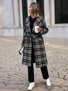 EURMUSE Women's Plaid Print Belted Long Sleeve Jacket - MultiWarna - View 1