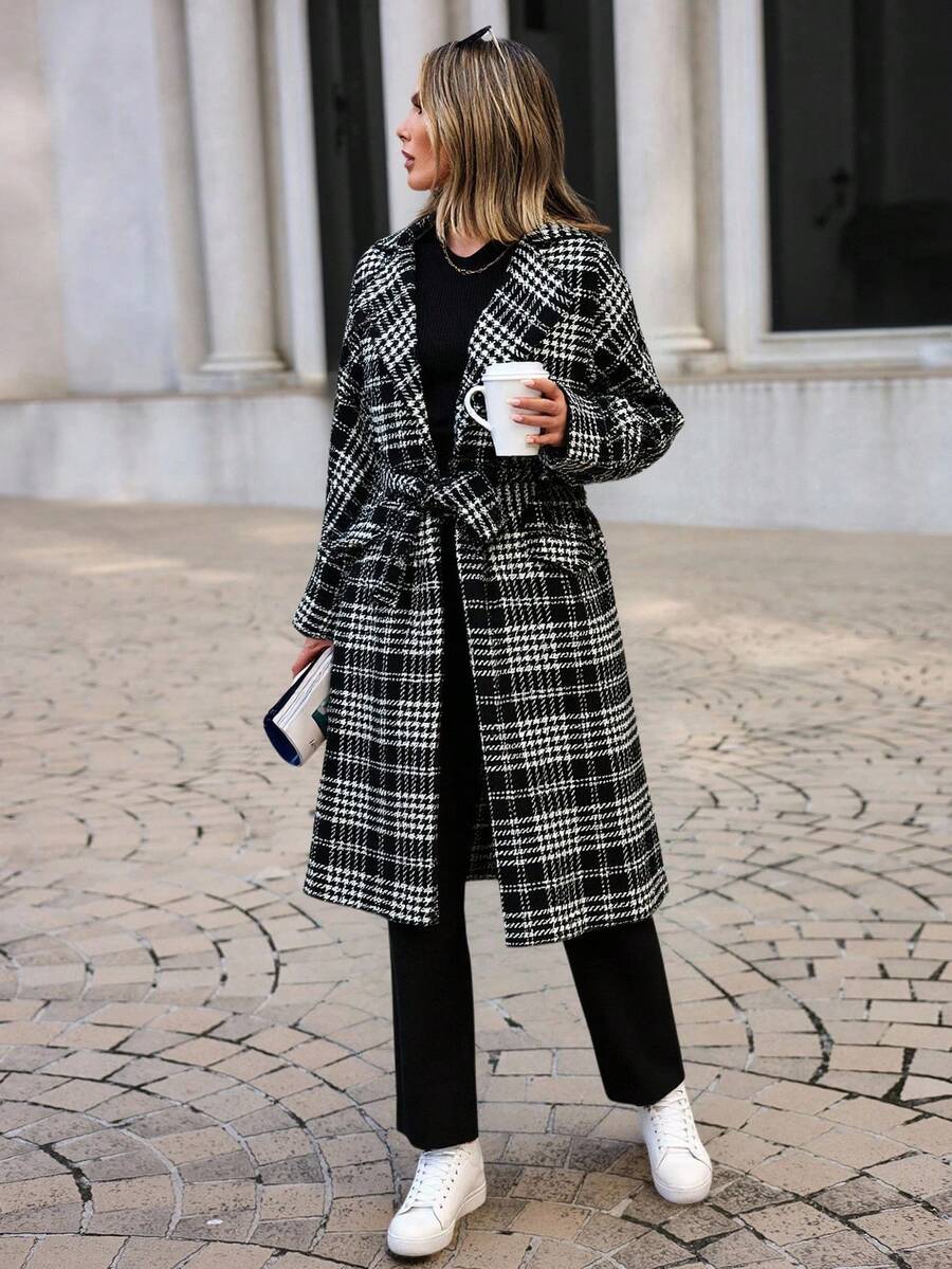 EURMUSE Women's Plaid Print Belted Long Sleeve Jacket - MultiWarna - View 1