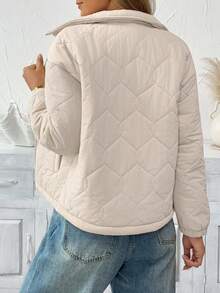 SHEIN LUNE 女士休闲保暖长袖口袋绗缝外套，女士夹克，绗缝外套，拉链外套，轻便外套，女士秋冬服装，女士冬季服装，女士冬季外套，女士冬季夹克，女士休闲工作装，女士秋冬服装，女士舒适秋冬服装，女士绗缝外套，女士保暖服装，女士外套，女士羊羔绒内衬外套，休闲 - 米色 - 查看 2