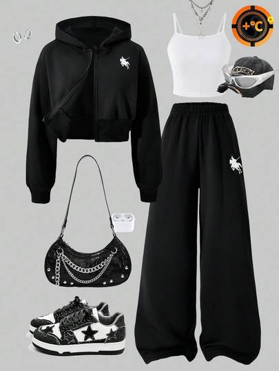 Sparklyn 3件套少女纯色保暖连帽拉链衫、吊带背心和阔腿裤休闲套装，适合日常穿着、通勤和秋冬季上学。