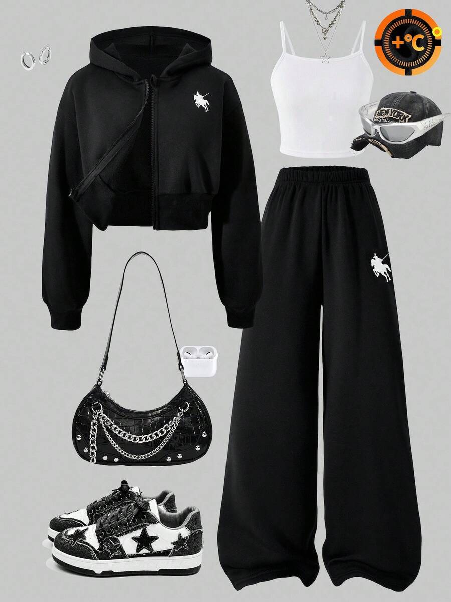 Sparklyn 3件套少女纯色保暖连帽拉链衫、吊带背心和阔腿裤休闲套装，适合日常穿着、通勤和秋冬季上学。 - 黑色 - 查看 1