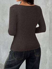 SHEIN EZwear 大尺碼女款巧克力棕色圓領長袖上衣 咖啡棕色上衣 棕色長袖上衣 巧克力棕色上衣/秋季/冬季 - 巧克力棕 - 查看 2