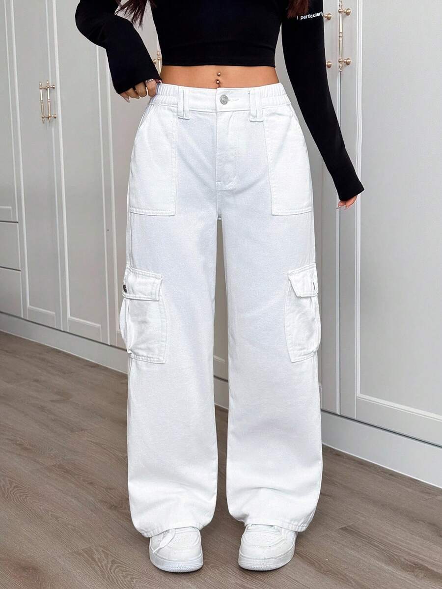 SHEIN PETITE 女式宽腿宽松休闲百搭工装牛仔裤 - 米色 - 查看 1