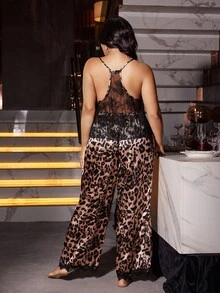 SilkySpell Plus Size Sexy Backless Lace Leopard Print Camisole And Satin Pants Sleepwear Set - Multicolor - View 8