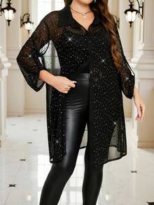 SHEIN Clasi Áo cánh lưới mỏng sequin gợi cảm và thanh lịch cỡ lớn cho tiệc tùng, hộp đêm - màu đen - Xem 1