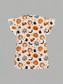 EMERY ROSE 女式休闲宽松 V 领衬衫，带飘袖，饰有万圣节南瓜怪异趣味图案，非常适合初秋和秋季假期 秋季万圣节衬衫 女式万圣节衬衫 女式万圣节上衣 万圣节上衣 可爱万圣节衬衫 - 彩色 - 查看 4