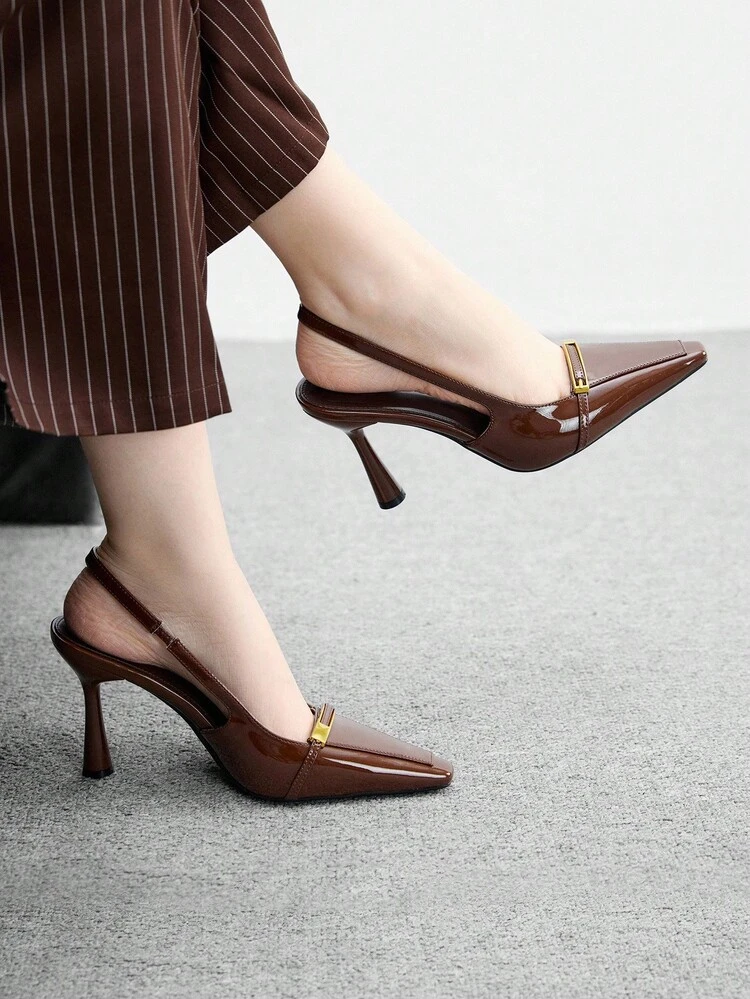 CUCCOO BIZCHIC Women's Fashion Brown Patent Material Square Toe Stiletto High Heel Pumps, Suitable For Commuting, Dates, Gatherings, Parties And Other Occasions For Christmas Spring Shoes