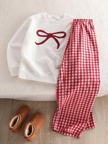 2 件套青少年韩版休闲蝴蝶印花圆领运动衫和格子直筒裤套装 - 白色 - 查看 1