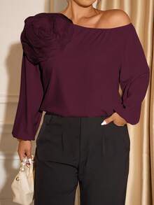 Cravure Blusa elegante e minimalista da donna con spalle scoperte, maniche lunghe e decorazione floreale 3D color albicocca, adatta per l'estate - Viola viola - Visualizzare 3