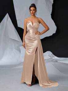 Glamrae Elegant Luxurious V-Neck Ruched Decor Side Draped High Slit Fishtail Maxi Dress, Evening Gown - Apricot - View 5