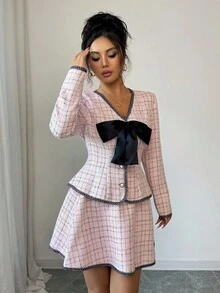 Elenzga V-Neck Bow Design Floral Tweed Jacket & Skirt 2 Pieces Set, Elegant & Sophisticated For Commute, Date, Formal Occasions, Autumn/Winter - Pink - View 7