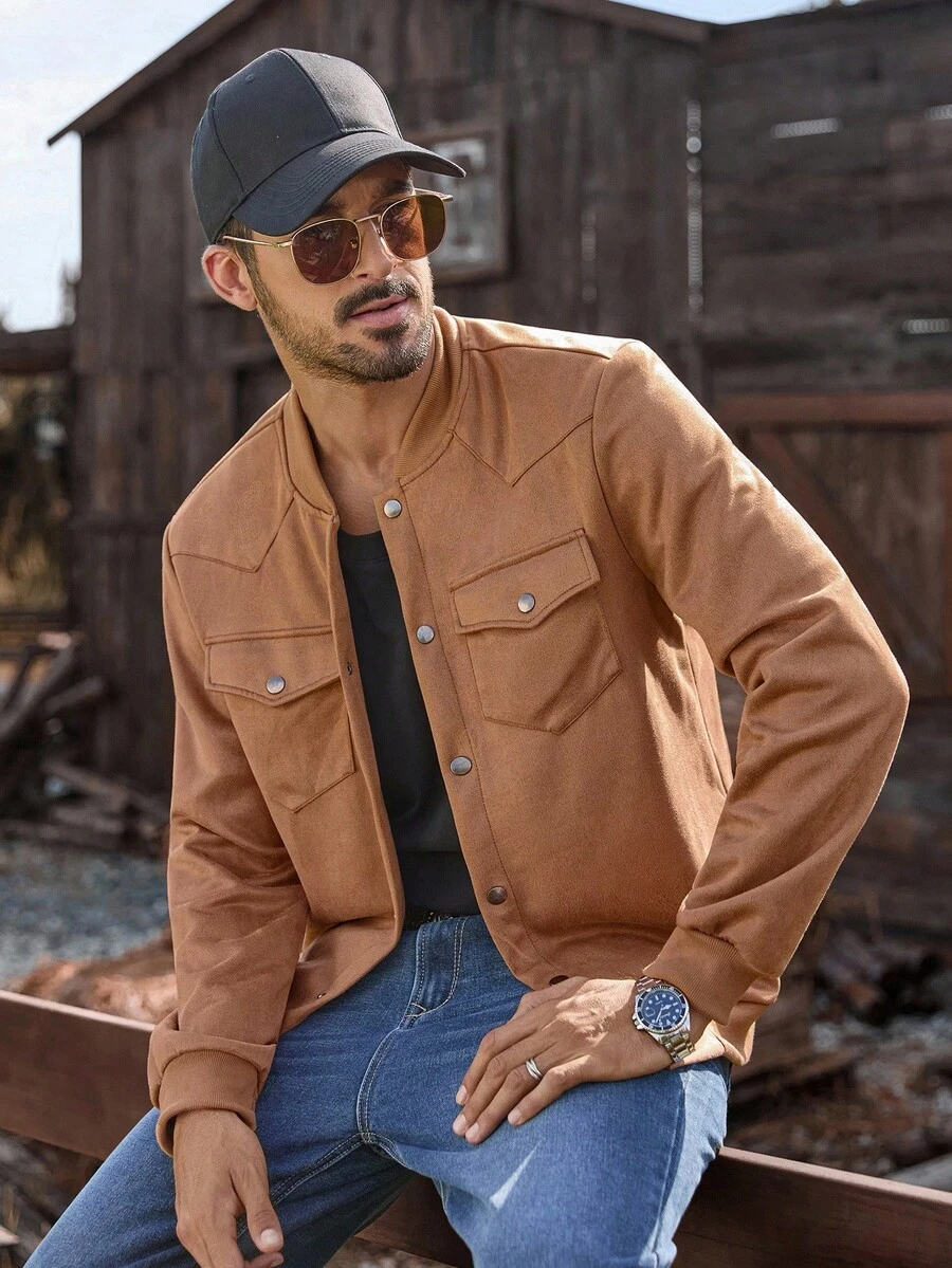 Manfinity Nomadique Men's Casual Commuter Solid Color Baseball Collar Jacket Men Brown Jacket Men Casual Jacket Brown Suede Jacket Men Cowboy Style Jacket, Fall Winter - Brown - View 1