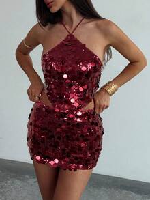 Aloruh 女式纯色亮片不对称下摆露背背心和迷你裙性感时尚两件套 - 酒紅色 - 查看 4