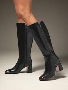 SHUZIA 女士时尚舒适及膝侧拉链粗跟靴 - 黑色 - 查看 6