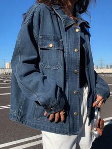 DAZY 女式宽松牛仔夹克，有领，有大口袋 - 藍色 - 查看 5