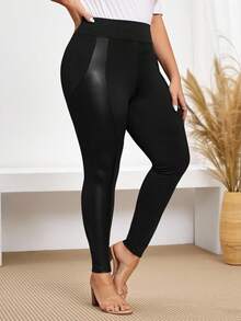 Miaspire Plus Size Women's PU Leather Splice Leggings,Fall Clothes,Spring/Summer/Vacation - Black - View 5