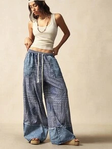 Bohemela 秋季波西米亚音乐节万圣节佩斯利图案休闲梭织拼接宽松阔腿女裤 - 藍色 - 查看 4