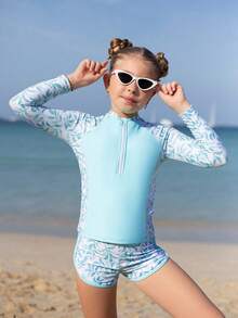 Camiseta protectora con estampado de hojas y cremallera frontal para niña preadolescente, para verano y playa