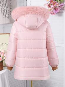 SHEIN 女孩冬季连帽棉服夹克，长袖泰迪熊毛绒内衬，绗缝渐变格纹图案，中长款棉质外套，时尚百搭，搭配裤子、运动裤、连体裤、运动衫、连帽衫、粉色连帽仿皮草装饰中长款棉质外套 - 粉色 - 查看 2