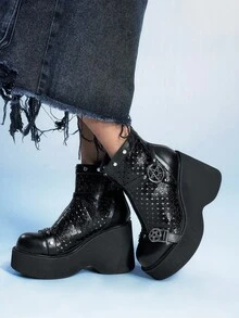 Sugerpunk Giày bốt nữ thời trang thường ngày, thoải mái, thoáng khí, kiểu dáng dự tiệc, khóa kim loại hình ngôi sao tròn đôi, khóa kéo phía sau, phong cách punk, gót dày, thích hợp cho mùa hè. - màu đen - Xem 4