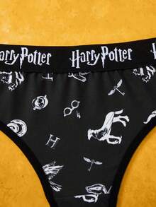 HARRY POTTER X SHEIN 女士舒适时尚全身印花字母带丁字裤 - 黑與白 - 查看 4