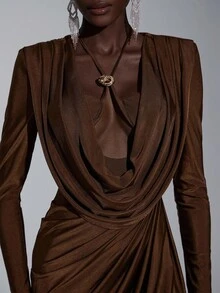 Elitara Elegant & Millennium Futuristic Chocolate Brown Knit Zipper Dress,Hollow Chest Cups,Long Sleeves,Pleated Waist,Slit Hem,Formal Evening Gala Gown - Coffee Brown - View 7
