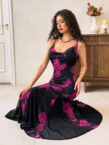 EastFlair 女士优雅派对花卉蝴蝶印花露背连衣裙 - 黑色 - 查看 5