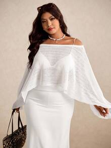 Elaquor 大码女式纯色露肩蝙蝠袖宽松时尚上衣 - 白色 - 查看 1