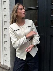 Pariaura French Style Casual Open Front Floral Lace Trim Women Jacket - Apricot - View 5