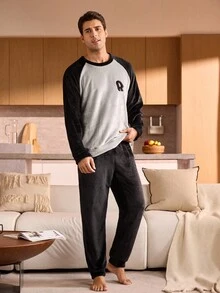 Provexi Provexi 男士撞色拼接长袖上衣和长裤蓬松睡衣套装，秋冬服装，舒适保暖 - 黑色 - 查看 3