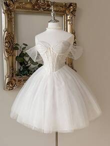 Lovelzi 华丽、优雅、高贵、端庄、青春、白色、亮片面料、网眼缝线、褶皱露肩连衣裙、罩杯款式、半透明、收腰 A 字裙、适合单身派对、婚礼宾客、毕业典礼、度假、舞会、新娘送礼会（搭配裙撑）、小白裙、新娘 - 白色 - 查看 6