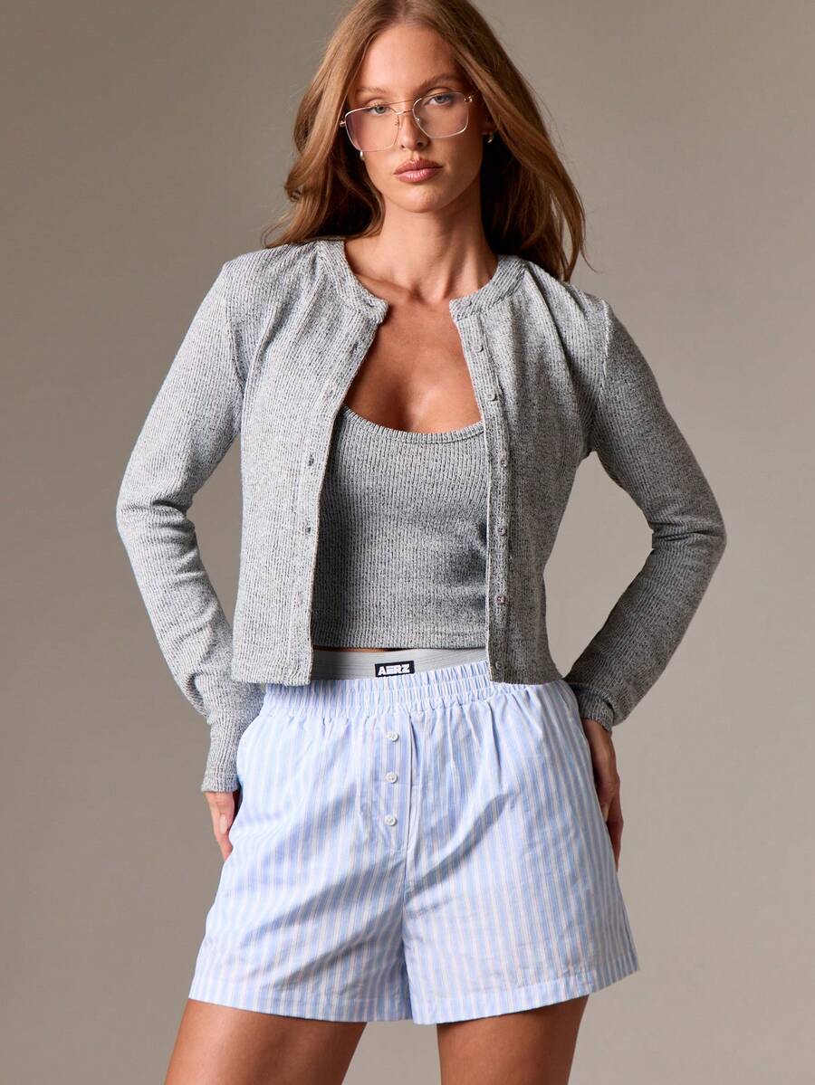 AiiRZ Ribbed Knit Cardigan And Cami Top Light Grey Lounge Wear With Button Up Front - Dark Grey - View 1