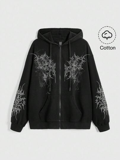 ROMWE Grunge Punk Punk Street Chic Vintage Thorns Y2K Y3K Futuristic Tie-Dye Cross Print Black Zip-Up Graphic Pocket Sweatshirt For Women