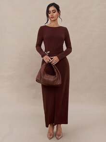 Modelyn Vestido midi elegante de unicolor con mariposa para mujer - Marrón Mocha - Ver 6