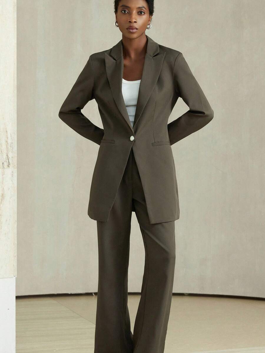 Aveloria Modichic Bộ vest blazer dài 1 nút ôm vừa vặn phong cách đi làm và quần ống loe cho nữ - Màu nâu  Mocha - Xem 1