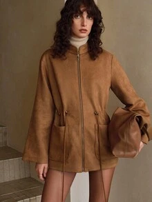 EMERY ROSE Women's Suede Fleece Fabric Stand Collar Waist Drawstring Design Daily Exquisite Commuter Jacket Regular Coat Fall Clothes For Women Winter Clothes Women's Winter Jacket - Coffee Brown - View 6