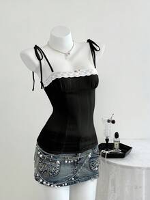 Elamini 春夏女士休闲格子系带腰带吊带背心 - 黑色 - 查看 5