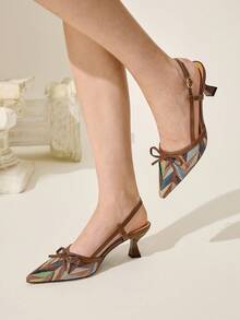 CUCCOO CHICEST 女式几何拼色尖头小猫跟凉鞋，优雅波西米亚风格舒适一脚蹬高跟鞋，百搭复古别致正装鞋，棕色 - 咖啡棕 - 查看 6