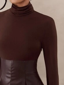 Modelyn 女士优雅拼布中长连衣裙，适合通勤 - 棕色 - 查看 7