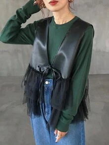 FRIFUL Women's PU Contrast Mesh Loose Layered Bowknot Front Jacket, Autumn Leather Jacket - Black - View 5