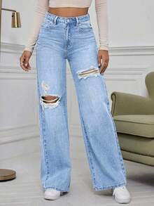 EMERY ROSE Washed Denim Blue High Waist Ripped Wide Leg Jeans