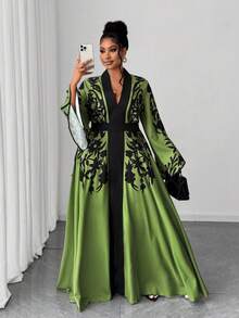 Maweii 大码优雅派对植物印花喇叭袖连衣裙 - 綠色 - 查看 5