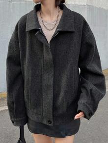 FRIFUL Áo khoác nữ cổ ve áo, viền lông mềm mại, dáng rộng, dày dặn - Xám - Xem 1