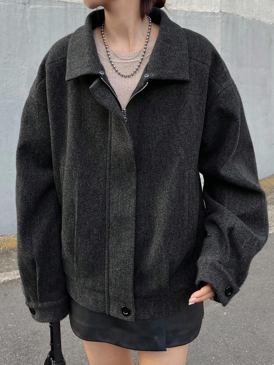 FRIFUL Áo khoác nữ cổ ve áo, viền lông mềm mại, dáng rộng, dày dặn - Xám - Xem 1